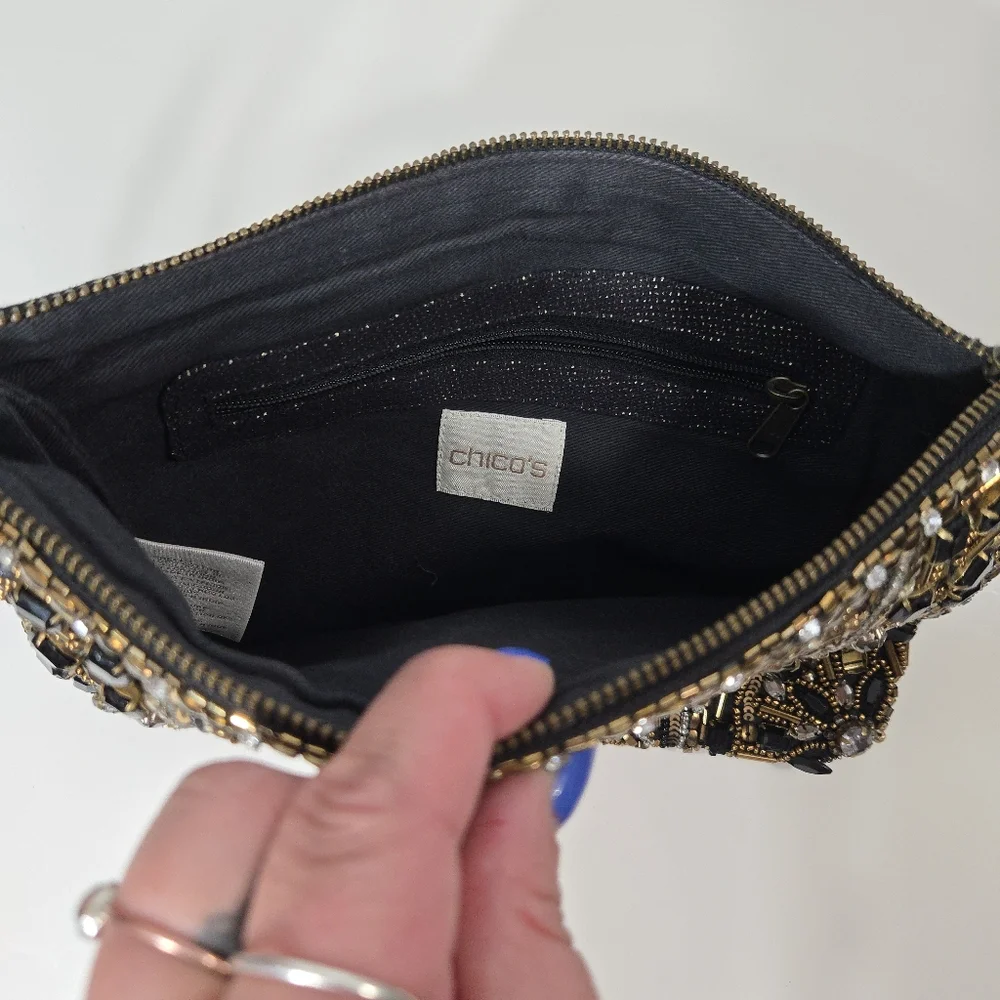 Chico's Black and Gold Beaded Wristlet Clutch